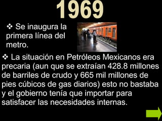 Se inaugura la primera línea del metro. La situación en Petróleos Mexicanos era precaria (aun que se extraían 428.8 millones de barriles de crudo y 665 mil millones de pies cúbicos de gas diarios) esto no bastaba y el gobierno tenía que importar para satisfacer las necesidades internas. 1969 