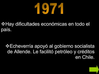 Hay dificultades económicas en todo el país. Echeverría apoyó al gobierno socialista de Allende. Le facilitó petróleo y créditos en Chile. 1971 