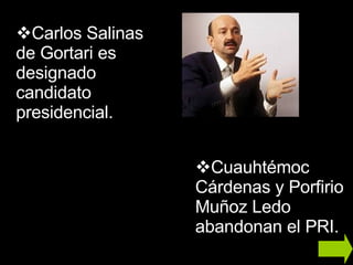 Cuauhtémoc Cárdenas y Porfirio Muñoz Ledo abandonan el PRI. Carlos Salinas de Gortari es designado candidato presidencial. 