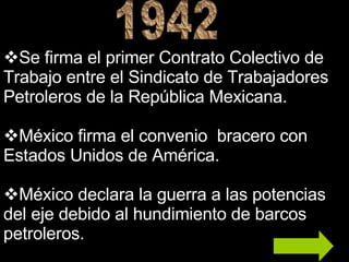 1942 Se firma el primer Contrato Colectivo de Trabajo entre el Sindicato de Trabajadores Petroleros de la República Mexicana.  México firma el convenio  bracero con Estados Unidos de América. México declara la guerra a las potencias del eje debido al hundimiento de barcos petroleros. 