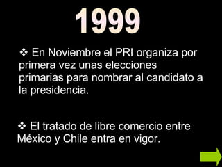El tratado de libre comercio entre México y Chile entra en vigor. En Noviembre el PRI organiza por primera vez unas elecciones primarias para nombrar al candidato a la presidencia. 1999 