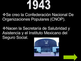 1943 Se creo la Confederación Nacional De Organizaciones Populares (CNOP). Nacen la Secretaría de Salubridad y Asistencia y el Instituto Mexicano del Seguro Social. 