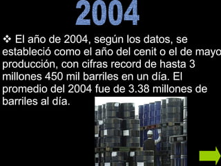 El año de 2004, según los datos, se estableció como el año del cenit o el de mayor producción, con cifras record de hasta 3 millones 450 mil barriles en un día. El promedio del 2004 fue de 3.38 millones de barriles al día. 2004 
