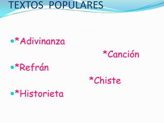 TEXTOS POPULARES
*Adivinanza
*Canción
*Refrán
*Chiste
*Historieta
 