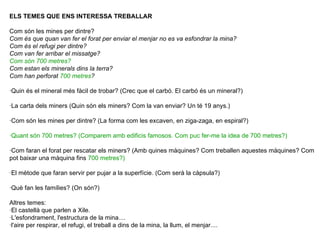 ELS TEMES QUE ENS INTERESSA TREBALLAR

Com són les mines per dintre?
Com és que quan van fer el forat per enviar el menjar no es va esfondrar la mina?
Com és el refugi per dintre?
Com van fer arribar el missatge?
Com són 700 metres?
Com estan els minerals dins la terra?
Com han perforat 700 metres?

·Quin és el mineral més fàcil de trobar? (Crec que el carbó. El carbó és un mineral?)

·La carta dels miners (Quin són els miners? Com la van enviar? Un té 19 anys.)

·Com són les mines per dintre? (La forma com les excaven, en ziga-zaga, en espiral?)

·Quant són 700 metres? (Comparem amb edificis famosos. Com puc fer-me la idea de 700 metres?)

·Com faran el forat per rescatar els miners? (Amb quines màquines? Com treballen aquestes màquines? Com
pot baixar una màquina fins 700 metres?)

·El mètode que faran servir per pujar a la superfície. (Com serà la càpsula?)

·Què fan les famílies? (On són?)

Altres temes:
·El castellà que parlen a Xile.
·L'esfondrament, l'estructura de la mina....
·l'aire per respirar, el refugi, el treball a dins de la mina, la llum, el menjar....
 