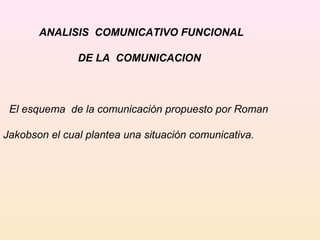 ANALISIS COMUNICATIVO FUNCIONAL
DE LA COMUNICACION
El esquema de la comunicación propuesto por Roman
Jakobson el cual plantea una situación comunicativa.
 