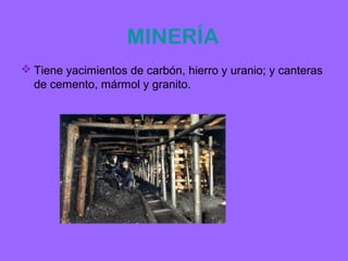 MINERÍA
 Tiene yacimientos de carbón, hierro y uranio; y canteras
  de cemento, mármol y granito.
 