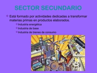 SECTOR SECUNDARIO
 Está formado por actividades dedicadas a transformar
  materias primas en productos elaborados.
      Industria energética
      Industria de base
      Industria de bienes de consumo
 