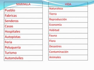 MARINILLA
Pueblo
Fabricas
Senderos
Casas
Hospitales
Autopistas
Feria
Peluquería
Turismo
Automóviles
VIDA
Naturaleza
Tierra
Reproducción
Economía
Habitad
Fauna
Flora
Desastres
Contaminación
Animales
 