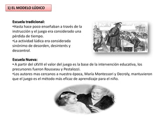 1) EL MODELO LÚDICO


  Escuela tradicional:
  •Hasta hace poco enseñaban a través de la
  instrucción y el juego era considerado una
  pérdida de tiempo.
  •La actividad lúdica era considerada
  sinónimo de desorden, desinterés y
  descontrol.

  Escuela Nueva:
  • A partir del sXVIII el valor del juego es la base de la intervención educativa, los
  precursores fueron Rousseau y Pestalozzi.
  •Los autores mas cercanos a nuestra época, María Montessori y Decroly, mantuvieron
  que el juego es el método más eficaz de aprendizaje para el niño.
 