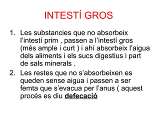 INTESTÍ GROS
1. Les substancies que no absorbeix
l’intestí prim , passen a l’intestí gros
(més ample i curt ) i ahí absorbeix l’aigua
dels aliments i els sucs digestius i part
de sals minerals .
2. Les restes que no s’absorbeixen es
queden sense aigua i passen a ser
femta que s’evacua per l’anus ( aquest
procés es diu defecació
 