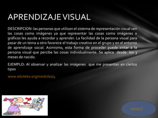 DESCRIPCION :las personas que utilizan el sistema de representación visual ven
las cosas como imágenes ya que representar las cosas como imágenes o
gráficos les ayuda a recordar y aprender. La facilidad de la persona visual para
pasar de un tema a otro favorece el trabajo creativo en el grupo y en el entorno
de aprendizaje social. Asimismo, esta forma de proceder puede irritar a la
persona visual que percibe las cosas individualmente. Se aplica desde los 3
meses de nacido.
EJEMPLO: Al observar y analizar las imágenes que me presentan en ciertos
tipos
www.eduteka.org/modulos/4
APRENDIZAJEVISUAL
INDICE
 