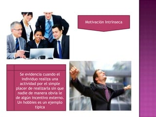 Motivación Intrínseca
Se evidencia cuando el
individuo realiza una
actividad por el simple
placer de realizarla sin que
nadie de manera obvia le
de algún incentivo externo.
Un hobbies es un ejemplo
típica
 
