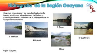 Ríos muy caudalosos y de pendientes bastante
fuertes, casi todos ellos afluentes del Orinoco,
constituyen la nota distintiva de la hidrografía de la
Guayana venezolana.
El Caroní
El Ventuari
El Cuchivero
El Caura
El Aro
 
