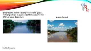 Entre los ríos de la Guayana venezolana que no
forman parte de la Cuenca del Orinoco debemos
citar Al brazo Casiquiare Y al rio Cuyuní
 
