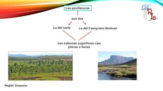 Las penillanuras
son dos
La del norte La del Casiquiare-Ventuari
son extensas superficies casi
planas o llanas
 