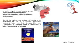 La Región Guayana es una de las diez regiones
político-administrativas de Venezuela.
Comprende los estados de Bolívar, Amazonas y
Delta Amacuro.
Bolívar
Delta
Amacuro
Amazonas
Una de las regiones más antiguas del mundo y más
interesantes del país, es la Guayana, seleccionada
numerosas veces para filmar películas tales como
"Aracnofobia", o "Jungle to Jungle" y "Dinosaurios" de
Disney, por lo especial de sus vistas.
Región Guayana.
 