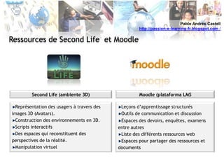 Pablo Andrés Castellhttp://passion-e-learning-fr.blogspot.com /Ressources de SecondLife  et MoodleSecond Life (ambiente 3D)Moodle (plataforma LMS  Représentation des usagers à travers des images 3D (Avatars).Construction des environnements en 3D.Scripts interactifsDes espaces qui reconstituent des perspectives de la réalité.Manipulation virtuelLeçons d’apprentissage structurés Outils de communication et discussion Espaces des devoirs, enquêtes, examens entre autresListe des différents ressources webEspaces pour partager des ressources et documents