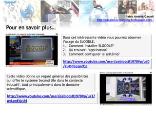 Pablo Andrés Castellhttp://passion-e-learning-fr.blogspot.com /Pour en savoir plus…Dans cet intéressante vidéo vous pourrez observer l’usage du SLOODLE.Comment installer SLOODLE?Où trouver l’application?Comment configurer le système?http://www.youtube.com/user/pablocstl1978#p/u/0/ZuOdEqspZQECette vidéo donne un regard général des possibilités qui offre le système Second life dans le contexte éducatif, tout principalement dans le domaine scientifique. http://www.youtube.com/user/pablocstl1978#p/u/1/pyLpnEtjzU4