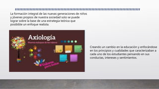 La formación integral de las nuevas generaciones de niños
y jóvenes propios de nuestra sociedad solo se puede
lograr sobre la base de una estrategia teórica que
posibilite un enfoque realista.
Creando un cambio en la educación y enfocándose
en los principios y cualidades que caracterizaban a
cada uno de los estudiantes pensando en sus
conductas, intereses y sentimientos.
 