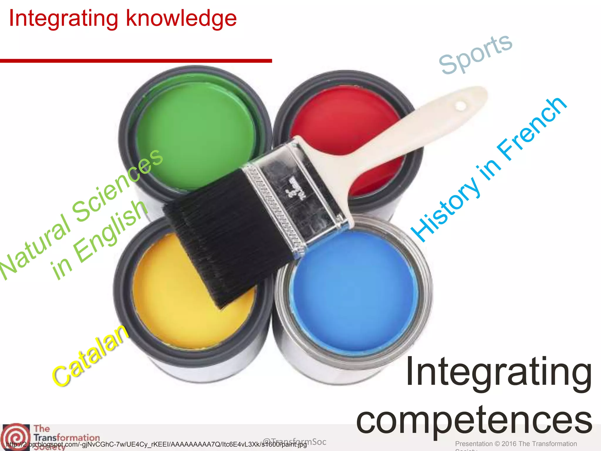 @TransformSoc Presentation © 2016 The Transformation
Integrating
competenceshttp://2.bp.blogspot.com/-gjNvCGhC-7w/UE4Cy_rKEEI/AAAAAAAAA7Q/Itc6E4vL3Xk/s1600/paint.jpg
Integrating knowledge
 
