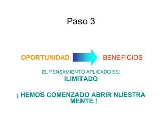 Paso 3


 OPORTUNIDAD               BENEFICIOS

      EL PENSAMIENTO APLICADO ES:
             ILIMITADO

¡ HEMOS COMENZADO ABRIR NUESTRA
             MENTE !
 