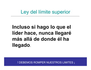 Ley del límite superior

Incluso si hago lo que el
líder hace, nunca llegaré
más allá de donde él ha
llegado.


  ! DEBEMOS ROMPER NUESTROS LIMITES ¡
 
