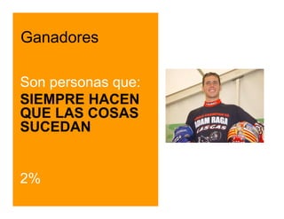 Ganadores

Son personas que:
SIEMPRE HACEN
QUE LAS COSAS
SUCEDAN


2%
 