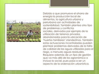 Debido a que promueve el ahorro de
energía la producción local de
alimentos, la agricultura urbana y
periurbana son actividades de
sostenibilidad. También plantea otro tipo
de problemas y conflictos
sociales, derivados por ejemplo de la
utilización de terrenos privados
abandonados para la ubicación de
"huertos familiares" clandestinos. También
estas actuaciones incontroladas pueden
plantear problemas derivados de la falta
de calidad de las aguas utilizadas para el
riego, a menudo aguas residuales.
Requiere además de un tipo de gestión
que va más allá de los agronómico o
incluso lo social, pues pasa a ser un
aspecto de la ordenación urbanística.
 
