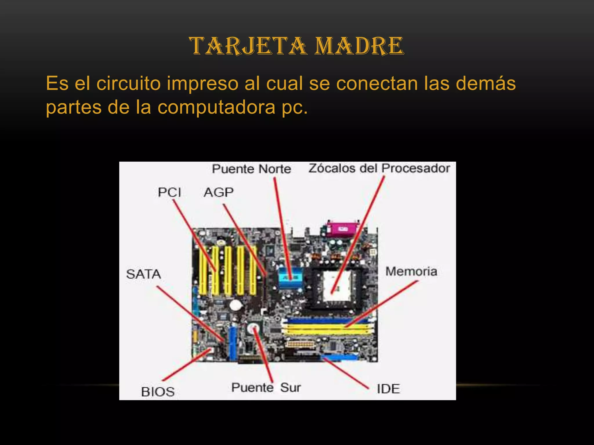 Tarjeta Madre Es el circuito impreso al cual se conectan las demás partes de la computadora pc. 