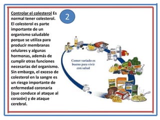 Controlar el colesterolEs normal tener colesterol. El colesterol es parte importante de un organismo saludable porque se utiliza para producir membranas celulares y algunas hormonas, además de cumplir otras funciones necesarias del organismo. Sin embargo, el exceso de colesterol en la sangre es un riesgo importante de enfermedad coronaria (que conduce al ataque al corazón) y de ataque cerebral.2