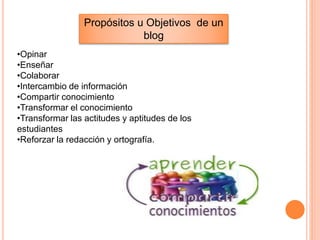 Propósitos u Objetivos de un
blog
•Opinar
•Enseñar
•Colaborar
•Intercambio de información
•Compartir conocimiento
•Transformar el conocimiento
•Transformar las actitudes y aptitudes de los
estudiantes
•Reforzar la redacción y ortografía.
 