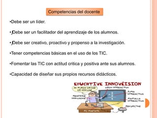 Competencias del docente
•Debe ser un líder.
•ƒDebe ser un facilitador del aprendizaje de los alumnos.
•ƒDebe ser creativo, proactivo y propenso a la investigación.
•Tener competencias básicas en el uso de los TIC.
•Fomentar las TIC con actitud critica y positiva ante sus alumnos.
•Capacidad de diseñar sus propios recursos didácticos.
 