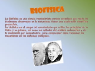 BIOFISICALa Biofísica es una ciencia reduccionista porque establece que todos los fenómenos observados en la naturaleza tienen una explicación científica predecible. La biofísica es el campo del conocimiento que utiliza los principios de la física y la química, así como los métodos del análisis matemático y de la modelación por computadora, para comprender cómo funcionan los mecanismos de los sistemas biológicos. 