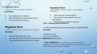 Positive form
SUBJECT + (SHOULD + Verb BASE FORM) + COMPLEMENT
Examples:
 You should go to the doctor.
 Elene should talk to her husband more.
 They should stop smoking.
Negative form
SUBJECT + (SHOULDN’T (should not)+ Verb BASE FORM)+ COMPLEMENT
Examples:
 You shouldn’t work too much.
 John shouldn’t play futbol because he is not feeling well.
 They shouldn’t wear jeans to go to work.
Question form
QUESTIONWORD + (SHOULD + SUBJECT +Verb BASE FORM) +
COMPLEMENT
 Where should I study English?
 What should we do when there is an
earthquake?
 Should we buy a used or new car?
USO – Cuando usamos SHOULD
 We use SHOULD to express an ADVICE or SUGGESTION
Example:
a) What’s wrong?
b) I have a headache.
a)You should take a pill.
* Usar SHOULDI:t is the most practical way of givingTIPS and
suggestions. It is very easy to use because all persons (I, you, he, she, it, we, you,
They) use the same structure and conjugation.
 