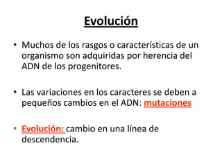 Evolución
• Muchos de los rasgos o características de un
organismo son adquiridas por herencia del
ADN de los progenitores.
• Las variaciones en los caracteres se deben a
pequeños cambios en el ADN: mutaciones
• Evolución: cambio en una línea de
descendencia.
 