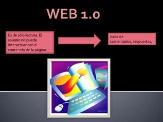 WEB 1.0
Es de sólo lectura. El          nada de
usuario no puede                comentarios, respuestas,
interactuar con el              citas, etc.
contenido de la página.
 