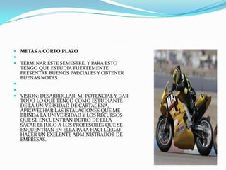  METAS A CORTO PLAZO

 TERMINAR ESTE SEMESTRE, Y PARA ESTO
  TENGO QUE ESTUDIA FUERTEMENTE
  PRESENTAR BUENOS PARCIALES Y OBTENER
  BUENAS NOTAS.


 VISION: DESARROLLAR MI POTENCIAL Y DAR
  TODO LO QUE TENGO COMO ESTUDIANTE
  DE LA UNIVERSIDAD DE CARTAGENA,
  APROVECHAR LAS ISTALACIONES QUE ME
  BRINDA LA UNIVERSIDAD Y LOS RECURSOS
  QUE SE ENCUENTRAN DETRO DE ELLA
  SACAR EL JUGO A LOS PROFESORES QUE SE
  ENCUENTRAN EN ELLA PARA HACI LLEGAR
  HACER UN EXELENTE ADMINISTRADOR DE
  EMPRESAS.
 