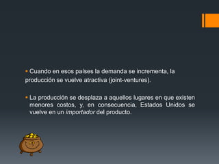  Cuando en esos países la demanda se incrementa, la
producción se vuelve atractiva (joint-ventures).
 La producción se desplaza a aquellos lugares en que existen
menores costos, y, en consecuencia, Estados Unidos se
vuelve en un importador del producto.

 