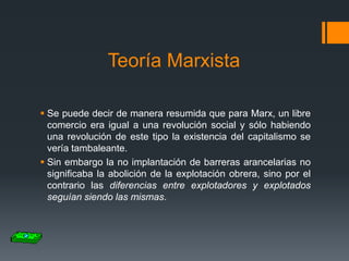 Teoría Marxista
 Se puede decir de manera resumida que para Marx, un libre
comercio era igual a una revolución social y sólo habiendo
una revolución de este tipo la existencia del capitalismo se
vería tambaleante.
 Sin embargo la no implantación de barreras arancelarias no
significaba la abolición de la explotación obrera, sino por el
contrario las diferencias entre explotadores y explotados
seguían siendo las mismas.

 