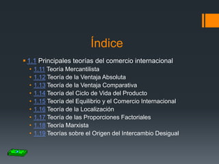 Índice
 1.1 Principales teorías del comercio internacional
•
•
•
•
•
•
•
•
•

1.11 Teoría Mercantilista
1.12 Teoría de la Ventaja Absoluta
1.13 Teoría de la Ventaja Comparativa
1.14 Teoría del Ciclo de Vida del Producto
1.15 Teoría del Equilibrio y el Comercio Internacional
1.16 Teoría de la Localización
1.17 Teoría de las Proporciones Factoriales
1.18 Teoría Marxista
1.19 Teorías sobre el Origen del Intercambio Desigual

 