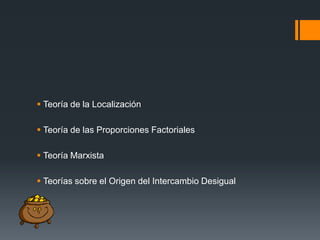  Teoría de la Localización
 Teoría de las Proporciones Factoriales
 Teoría Marxista
 Teorías sobre el Origen del Intercambio Desigual

 