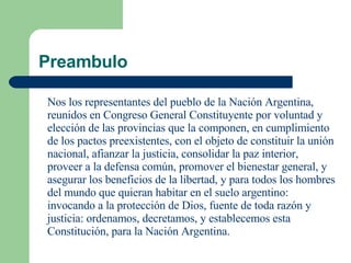 Preambulo Nos los representantes del pueblo de la Nación Argentina, reunidos en Congreso General Constituyente por voluntad y elección de las provincias que la componen, en cumplimiento de los pactos preexistentes, con el objeto de constituir la unión nacional, afianzar la justicia, consolidar la paz interior, proveer a la defensa común, promover el bienestar general, y asegurar los beneficios de la libertad, y para todos los hombres del mundo que quieran habitar en el suelo argentino: invocando a la protección de Dios, fuente de toda razón y justicia: ordenamos, decretamos, y establecemos esta Constitución, para la Nación Argentina. 
