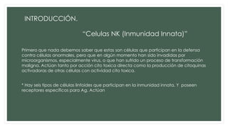 INTRODUCCIÓN.
“Celulas NK (Inmunidad Innata)”
Primero que nada debemos saber que estas son células que participan en la defensa
contra células anormales, pero que en algún momento han sido invadidas por
microorganismos, especialmente virus, o que han sufrido un proceso de transformación
maligna. Actúan tanto por acción cito toxica directa como la producción de citoquinas
activadoras de otras células con actividad cito toxica.
* Hay seis tipos de células linfoides que participan en la inmunidad innata. Y poseen
receptores específicos para Ag. Actúan
 