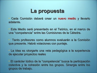 La propuesta Cada Comisión deberá crear un  nuevo medio  y llevarlo adelante. Este Medio será presentado en el Teórico, en el marco de una “competencia” entre las Comisiones de la Cátedra.  Tanto profesores como alumnos evaluarán a la Comisión que presente. Habrá votaciones con puntaje. La idea es otorgarle una veta pedagógica a la experiencia de ejecutar proyectos reales El carácter lúdico de la “competencia” busca la participación colectiva y la cohesión entre los grupos. Sinergia entre los grupos de trabajo.  