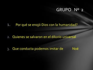 GRUPO Nº 2


1.   Por qué se enojó Dios con la humanidad?


2. Quienes se salvaron en el diluvio universal


3. Que conducta podemos imitar de          Noé
 
