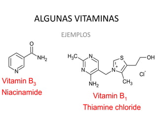 ALGUNAS VITAMINAS
                 EJEMPLOS
       O

           NH2    H3C       N                S              OH
                                         +
   N                    N            N                  -
                                                   Cl
Vitamin B3                  NH2              CH3

Niacinamide                     Vitamin B1
                        Thiamine chloride
 