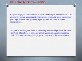 RELACIÓN DOCENTE-ALUMNO
El aprendizaje y el conocimiento se crean y construyen en comunidad. Los
estudiantes no son meros agentes pasivos, receptores del saber transmitido
por los profesores, sino que construyen guiados por estos su propio
conocimiento.
Al girar el aprendaje en torno al aprendiz y no sobre el profesor, los roles
cambian. El profesor se convierte en tutor, comisario, administrador de
red... Ello hace también que haya que replantearse la forma de enseñar:
 