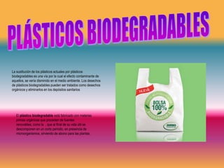 La sustitución de los plásticos actuales por plásticos
biodegradables es una vía por la cual el efecto contaminante de
aquellos, se vería disminido en el medio ambiente. Los desechos
de plásticos biodegradables pueden ser tratados como desechos
orgánicos y eliminarlos en los depósitos sanitarios




   El plástico biodegradable está fabricado con materias
   primas orgánicas que proceden de fuentes
   renovables, como la , que al final de su vida útil se
   descomponen en un corto período, en presencia de
   microorganismos, sirviendo de abono para las plantas.
 