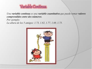 Una variable continua es una variable cuantitativa que puede tomar valores 
comprendidos entre dos números. 
Por ejemplo: 
La altura de los 5 amigos: 1.73, 1.82, 1.77, 1.69, 1.75. 
 